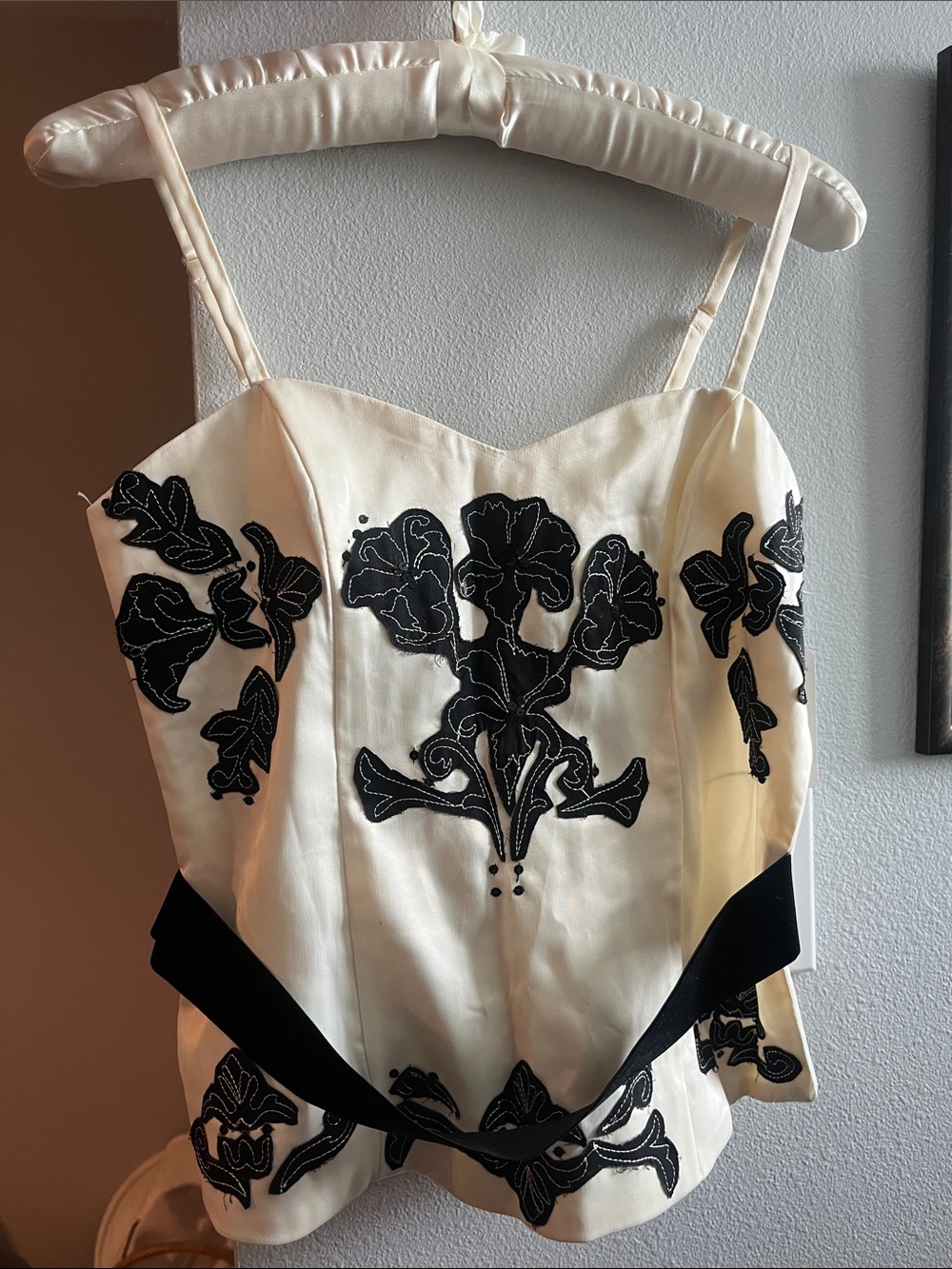 Forever 21 Cream and Black Embroidered Bustier Top